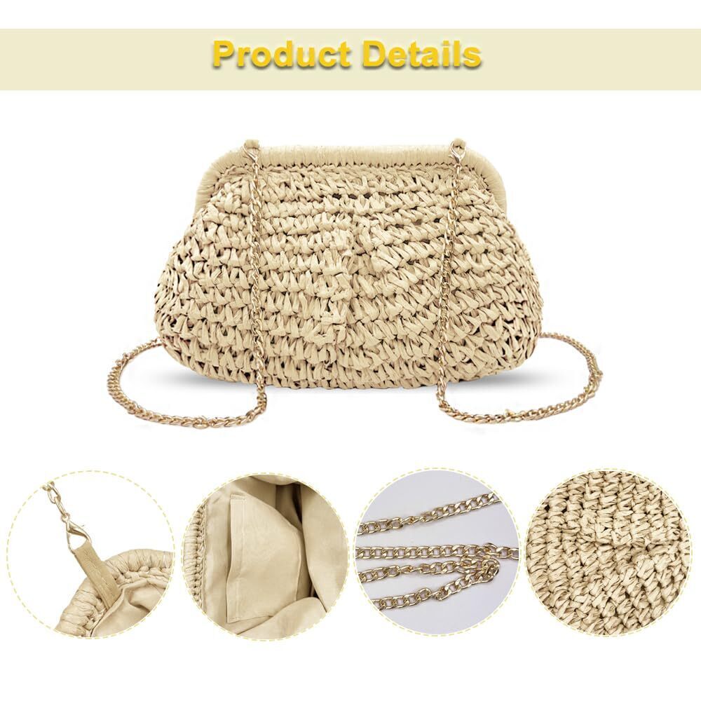 7274 Straw Clutch Purses Crossbody Vacation Handbags Woven Boho Pouch Bags - Picture 5 of 6